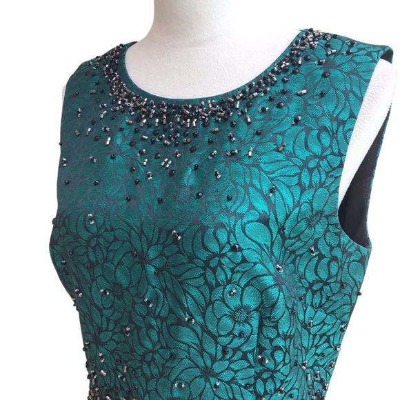 Katherine Kelly Green Black Floral Beaded Nanette Sheath Dress Size 8 - Picture 9 of 11